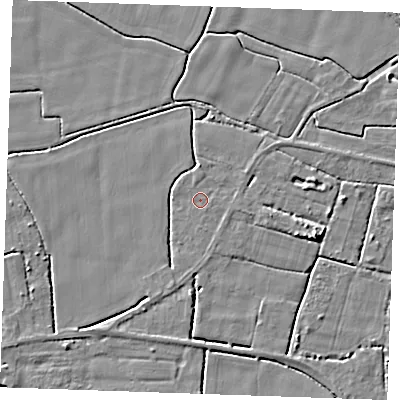 Shaded relief map of the ground around PE344BX, computed from Environment Agency LiDAR. The ground here sits at about 2 m above sea level and falls 5 m across the surrounding 800 m. Surface water reaching this point runs off ground lying to the north, 0.9 m higher.