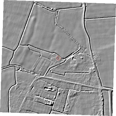 Shaded relief map of the ground around PE344BY, computed from Environment Agency LiDAR. The ground here sits at about 3 m above sea level and falls 4 m across the surrounding 800 m. Surface water reaching this point runs off ground lying to the north, 2.3 m higher.