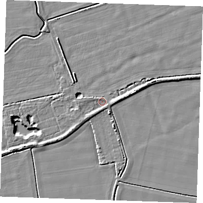 Shaded relief map of the ground around PE344DB, computed from Environment Agency LiDAR. The ground here sits at about 3 m above sea level and falls 6 m across the surrounding 800 m. Surface water reaching this point runs off ground lying to the south-west, 1.3 m higher.