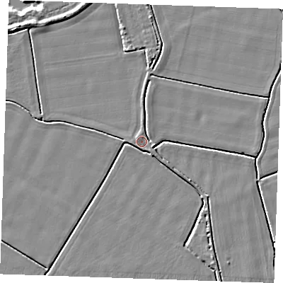Shaded relief map of the ground around PE344DD, computed from Environment Agency LiDAR. The ground here sits at about 3 m above sea level and falls 5 m across the surrounding 800 m. Surface water reaching this point runs off ground lying to the east-south-east, 2.4 m higher.
