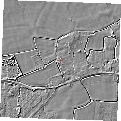Shaded relief map of the ground around PE344DE, computed from Environment Agency LiDAR. The ground here sits at about 3 m above sea level and falls 5 m across the surrounding 800 m. Surface water reaching this point runs off ground lying to the north-east, 2.1 m higher.