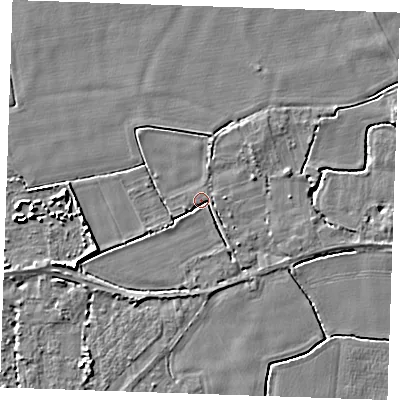 Shaded relief map of the ground around PE344DF, computed from Environment Agency LiDAR. The ground here sits at about 3 m above sea level and falls 5 m across the surrounding 800 m. Surface water reaching this point runs off ground lying to the east-north-east, 2.1 m higher.