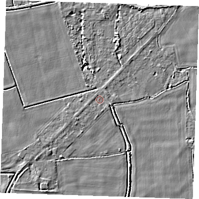 Shaded relief map of the ground around PE344DG, computed from Environment Agency LiDAR. The ground here sits at about 2 m above sea level and falls 4 m across the surrounding 800 m. Surface water reaching this point runs off ground lying to the east-south-east, 1.0 m higher.
