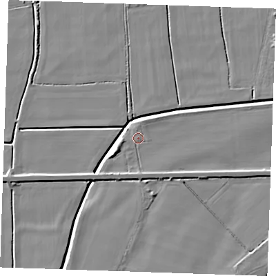 Shaded relief map of the ground around PE344DL, computed from Environment Agency LiDAR. The ground here sits at about 3 m above sea level and falls 7 m across the surrounding 800 m. Surface water reaching this point runs off ground lying to the west-south-west, 3.3 m higher.