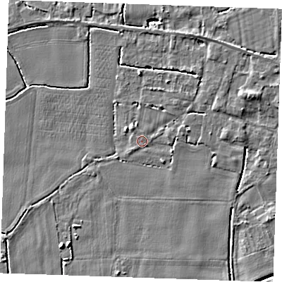 Shaded relief map of the ground around PE344DN, computed from Environment Agency LiDAR. The ground here sits at about 3 m above sea level and falls 7 m across the surrounding 800 m. Surface water reaching this point runs off ground lying to the east-north-east, 1.8 m higher.