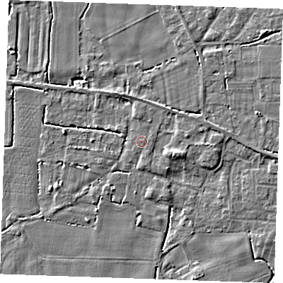 Shaded relief map of the ground around PE344DP, computed from Environment Agency LiDAR. The ground here sits at about 3 m above sea level and falls 4 m across the surrounding 800 m. Surface water reaching this point runs off ground lying to the east-south-east, 1.8 m higher.