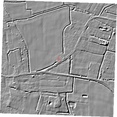 Shaded relief map of the ground around PE344DR, computed from Environment Agency LiDAR. The ground here sits at about 2 m above sea level and falls 5 m across the surrounding 800 m. Surface water reaching this point runs off ground lying to the east, 0.7 m higher.