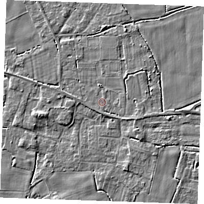 Shaded relief map of the ground around PE344DT, computed from Environment Agency LiDAR. The ground here sits at about 3 m above sea level and falls 4 m across the surrounding 800 m. Surface water reaching this point runs off ground lying to the east-south-east, 1.3 m higher.