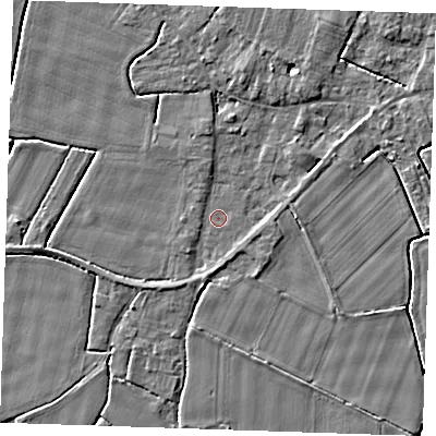 Shaded relief map of the ground around PE344DU, computed from Environment Agency LiDAR. The ground here sits at about 3 m above sea level and falls 3 m across the surrounding 800 m. Surface water reaching this point runs off ground lying to the south-west, 1.8 m higher.