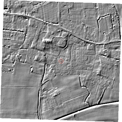 Shaded relief map of the ground around PE344DX, computed from Environment Agency LiDAR. The ground here sits at about 2 m above sea level and falls 5 m across the surrounding 800 m. Surface water reaching this point runs off ground lying to the north-north-west, 3.3 m higher.