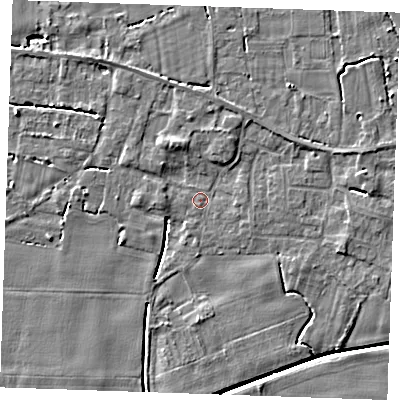 Shaded relief map of the ground around PE344DY, computed from Environment Agency LiDAR. The ground here sits at about 2 m above sea level and falls 5 m across the surrounding 800 m. Surface water reaching this point runs off ground lying to the south-west, 0.7 m higher.