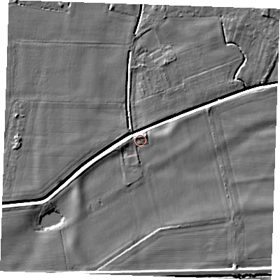 Shaded relief map of the ground around PE344DZ, computed from Environment Agency LiDAR. The ground here sits at about 3 m above sea level and falls 6 m across the surrounding 800 m. Surface water reaching this point runs off ground lying to the north-north-east, 4.6 m higher.