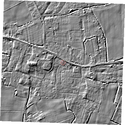Shaded relief map of the ground around PE344ED, computed from Environment Agency LiDAR. The ground here sits at about 2 m above sea level and falls 4 m across the surrounding 800 m. Surface water reaching this point runs off ground lying to the west, 3.3 m higher.