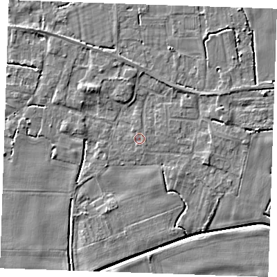 Shaded relief map of the ground around PE344EE, computed from Environment Agency LiDAR. The ground here sits at about 2 m above sea level and falls 5 m across the surrounding 800 m. The ground contributing surface water to this point lies to the south-south-west.