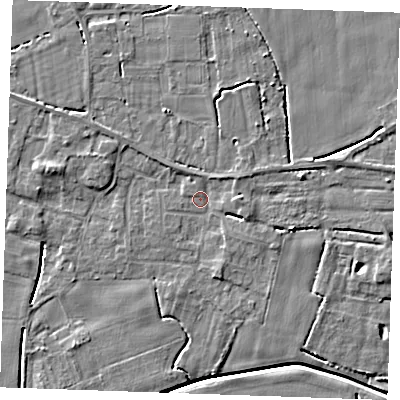 Shaded relief map of the ground around PE344EF, computed from Environment Agency LiDAR. The ground here sits at about 2 m above sea level and falls 5 m across the surrounding 800 m. Surface water reaching this point runs off ground lying to the east, 2.8 m higher.