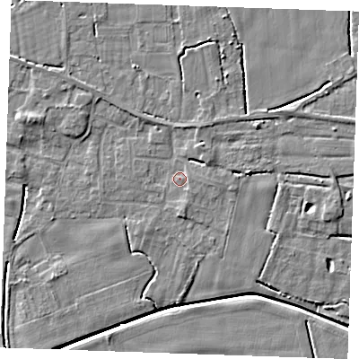 Shaded relief map of the ground around PE344EG, computed from Environment Agency LiDAR. The ground here sits at about 2 m above sea level and falls 5 m across the surrounding 800 m. Surface water reaching this point runs off ground lying to the east, 1.1 m higher.