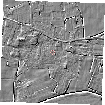 Shaded relief map of the ground around PE344EH, computed from Environment Agency LiDAR. The ground here sits at about 2 m above sea level and falls 5 m across the surrounding 800 m. Surface water reaching this point runs off ground lying to the east-north-east, 2.8 m higher.