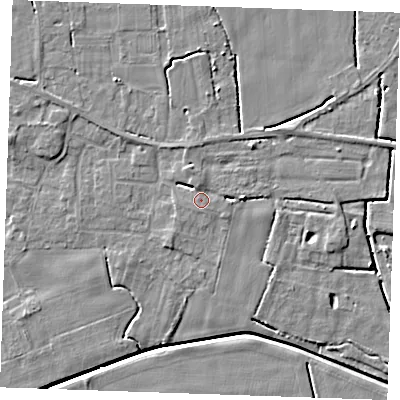 Shaded relief map of the ground around PE344EL, computed from Environment Agency LiDAR. The ground here sits at about 3 m above sea level and falls 5 m across the surrounding 800 m. Surface water reaching this point runs off ground lying to the north-north-west, 1.3 m higher.