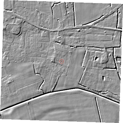 Shaded relief map of the ground around PE344EN, computed from Environment Agency LiDAR. The ground here sits at about 2 m above sea level and falls 5 m across the surrounding 800 m. Surface water reaching this point runs off ground lying to the west, 1.2 m higher.