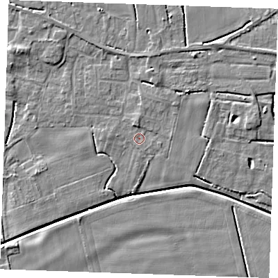 Shaded relief map of the ground around PE344EQ, computed from Environment Agency LiDAR. The ground here sits at about 2 m above sea level and falls 5 m across the surrounding 800 m. Surface water reaching this point runs off ground lying to the north, 1.4 m higher.