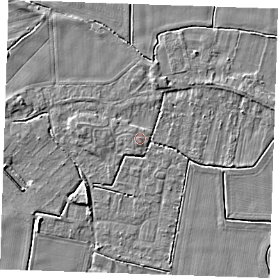 Shaded relief map of the ground around PE344ER, computed from Environment Agency LiDAR. The ground here sits at about 3 m above sea level and falls 4 m across the surrounding 800 m. Surface water reaching this point runs off ground lying to the west-north-west, 0.5 m higher.