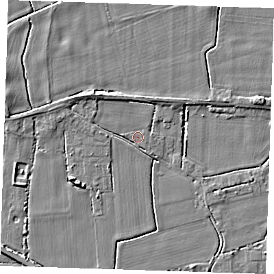 Shaded relief map of the ground around PE344EW, computed from Environment Agency LiDAR. The ground here sits at about 3 m above sea level and falls 5 m across the surrounding 800 m. Surface water reaching this point runs off ground lying to the south-south-east, 1.2 m higher.