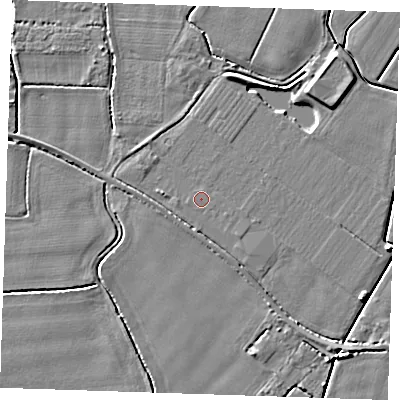 Shaded relief map of the ground around PE344EX, computed from Environment Agency LiDAR. The ground here sits at about 3 m above sea level and falls 5 m across the surrounding 800 m. The ground contributing surface water to this point lies to the east-north-east.