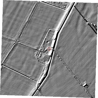 Shaded relief map of the ground around PE344FB, computed from Environment Agency LiDAR. The ground here sits at about 4 m above sea level and falls 6 m across the surrounding 800 m. Surface water reaching this point runs off ground lying to the south-south-east, 2.4 m higher.