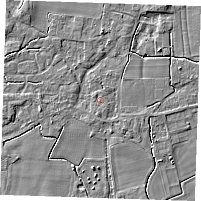 Shaded relief map of the ground around PE344FD, computed from Environment Agency LiDAR. The ground here sits at about 3 m above sea level and falls 4 m across the surrounding 800 m. Surface water reaching this point runs off ground lying to the south, 2.1 m higher.