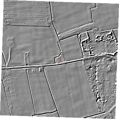 Shaded relief map of the ground around PE344FF, computed from Environment Agency LiDAR. The ground here sits at about 3 m above sea level and falls 5 m across the surrounding 800 m. Surface water reaching this point runs off ground lying to the east-north-east, 3.4 m higher.