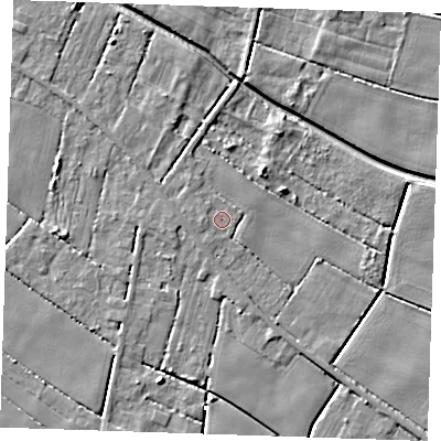 Shaded relief map of the ground around PE344FH, computed from Environment Agency LiDAR. The ground here sits at about 1 m above sea level and falls 6 m across the surrounding 800 m. Surface water reaching this point runs off ground lying to the west, 1.1 m higher.