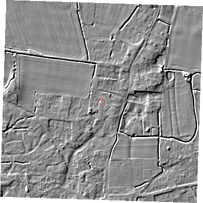 Shaded relief map of the ground around PE344FJ, computed from Environment Agency LiDAR. The ground here sits at about 3 m above sea level and falls 4 m across the surrounding 800 m. Surface water reaching this point runs off ground lying to the east-south-east, 0.6 m higher.
