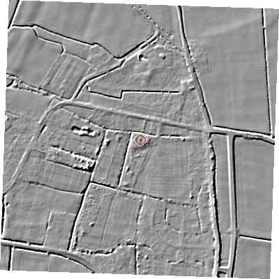 Shaded relief map of the ground around PE344FL, computed from Environment Agency LiDAR. The ground here sits at about 3 m above sea level and falls 5 m across the surrounding 800 m. Surface water reaching this point runs off ground lying to the east-south-east, 1.8 m higher.