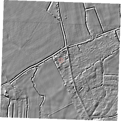 Shaded relief map of the ground around PE344FN, computed from Environment Agency LiDAR. The ground here sits at about 3 m above sea level and falls 4 m across the surrounding 800 m. Surface water reaching this point runs off ground lying to the west, 1.6 m higher.