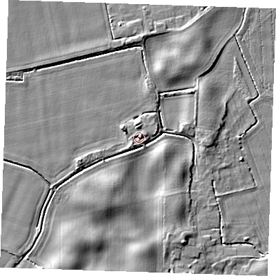 Shaded relief map of the ground around PE344FP, computed from Environment Agency LiDAR. The ground here sits at about 4 m above sea level and falls 5 m across the surrounding 800 m. Surface water reaching this point runs off ground lying to the south-west, 1.7 m higher.