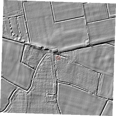 Shaded relief map of the ground around PE344FQ, computed from Environment Agency LiDAR. The ground here sits at about 3 m above sea level and falls 4 m across the surrounding 800 m. Surface water reaching this point runs off ground lying to the north-north-west, 2.1 m higher.