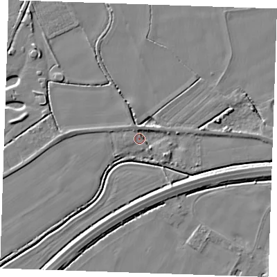 Shaded relief map of the ground around PE344GA, computed from Environment Agency LiDAR. The ground here sits at about 3 m above sea level and falls 5 m across the surrounding 800 m. Surface water reaching this point runs off ground lying to the east-south-east, 3.0 m higher.
