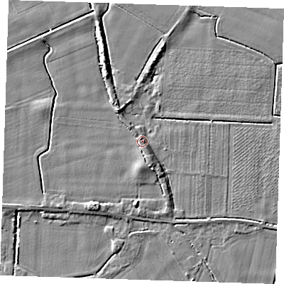 Shaded relief map of the ground around PE344HA, computed from Environment Agency LiDAR. The ground here sits at about 5 m above sea level and falls 5 m across the surrounding 800 m. Surface water reaching this point runs off ground lying to the south-south-east, 3.2 m higher.
