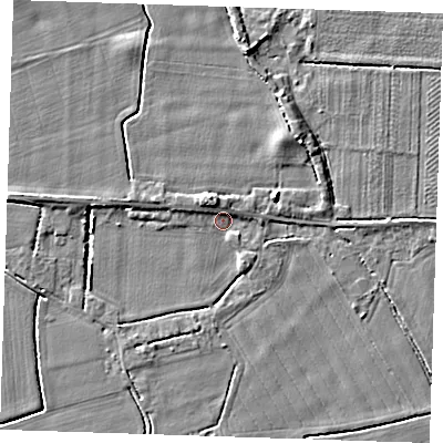 Shaded relief map of the ground around PE344HD, computed from Environment Agency LiDAR. The ground here sits at about 3 m above sea level and falls 5 m across the surrounding 800 m. Surface water reaching this point runs off ground lying to the north-north-west, 2.6 m higher.