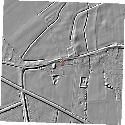 Shaded relief map of the ground around PE344HE, computed from Environment Agency LiDAR. The ground here sits at about 4 m above sea level and falls 5 m across the surrounding 800 m. Surface water reaching this point runs off ground lying to the west-south-west, 3.5 m higher.