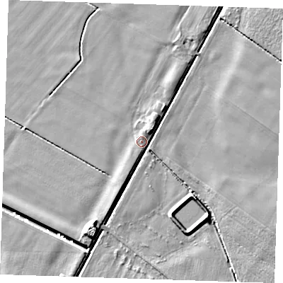Shaded relief map of the ground around PE344HH, computed from Environment Agency LiDAR. The ground here sits at about 4 m above sea level and falls 6 m across the surrounding 800 m. Surface water reaching this point runs off ground lying to the south-south-west, 3.8 m higher.
