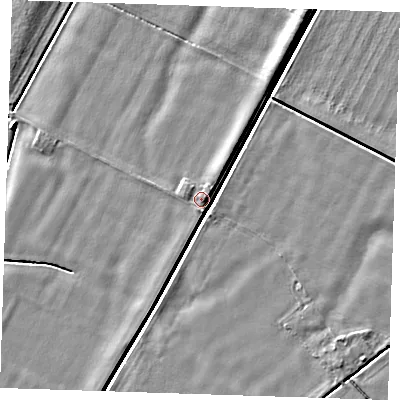 Shaded relief map of the ground around PE344HJ, computed from Environment Agency LiDAR. The ground here sits at about 4 m above sea level and falls 4 m across the surrounding 800 m. Surface water reaching this point runs off ground lying to the south, 3.6 m higher.