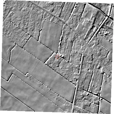 Shaded relief map of the ground around PE344HT, computed from Environment Agency LiDAR. The ground here sits at about 2 m above sea level and falls 6 m across the surrounding 800 m. Surface water reaching this point runs off ground lying to the east, 2.6 m higher.