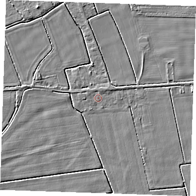 Shaded relief map of the ground around PE344HU, computed from Environment Agency LiDAR. The ground here sits at about 3 m above sea level and falls 4 m across the surrounding 800 m. Surface water reaching this point runs off ground lying to the west, 1.1 m higher.