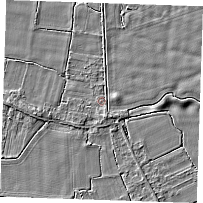 Shaded relief map of the ground around PE344HY, computed from Environment Agency LiDAR. The ground here sits at about 3 m above sea level and falls 3 m across the surrounding 800 m. Surface water reaching this point runs off ground lying to the south-south-east, 2.2 m higher.