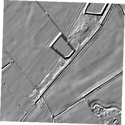 Shaded relief map of the ground around PE344JB, computed from Environment Agency LiDAR. The ground here sits at about 4 m above sea level and falls 5 m across the surrounding 800 m. Surface water reaching this point runs off ground lying to the north-east, 2.2 m higher.