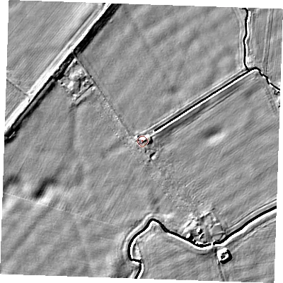 Shaded relief map of the ground around PE344JD, computed from Environment Agency LiDAR. The ground here sits at about 3 m above sea level and falls 6 m across the surrounding 800 m. The ground contributing surface water to this point lies to the east-north-east.