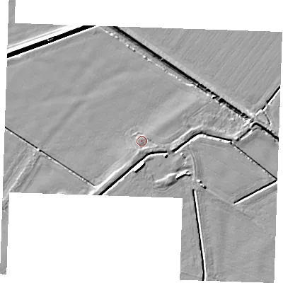 Shaded relief map of the ground around PE344JF, computed from Environment Agency LiDAR. The ground here sits at about 4 m above sea level and falls 5 m across the surrounding 800 m. Surface water reaching this point runs off ground lying to the south-east, 1.6 m higher.