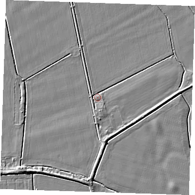 Shaded relief map of the ground around PE344JH, computed from Environment Agency LiDAR. The ground here sits at about 4 m above sea level and falls 4 m across the surrounding 800 m. Surface water reaching this point runs off ground lying to the south-south-east, 1.8 m higher.