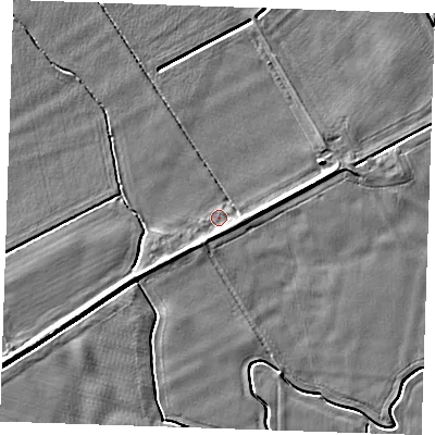 Shaded relief map of the ground around PE344JJ, computed from Environment Agency LiDAR. The ground here sits at about 3 m above sea level and falls 4 m across the surrounding 800 m. Surface water reaching this point runs off ground lying to the south-south-west, 1.7 m higher.